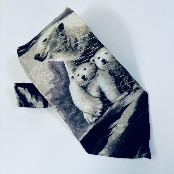 Endangered Species Men's Neck Tie Artic Polar Bears, Blk/White/Blu 100% Silk USA - Picture 13 of 14